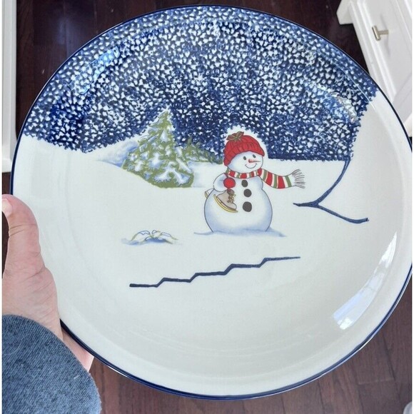 Vtg Thomson Pottery Snowman Christmas Large Serving Plate Blue Spongeware - Picture 1 of 5